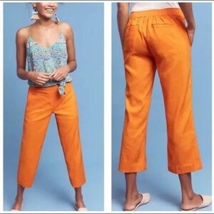 Anthropologie Cartonnier Orange Linen Blend Cropped Wide Leg Pants Size Medium